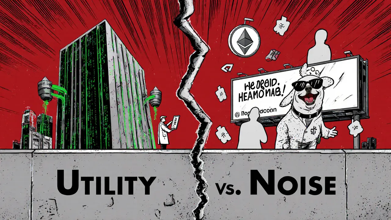 Contrasting scene: Ethereum blockchain tower vs. cartoon memecoin billboard labeled Utility vs Noise