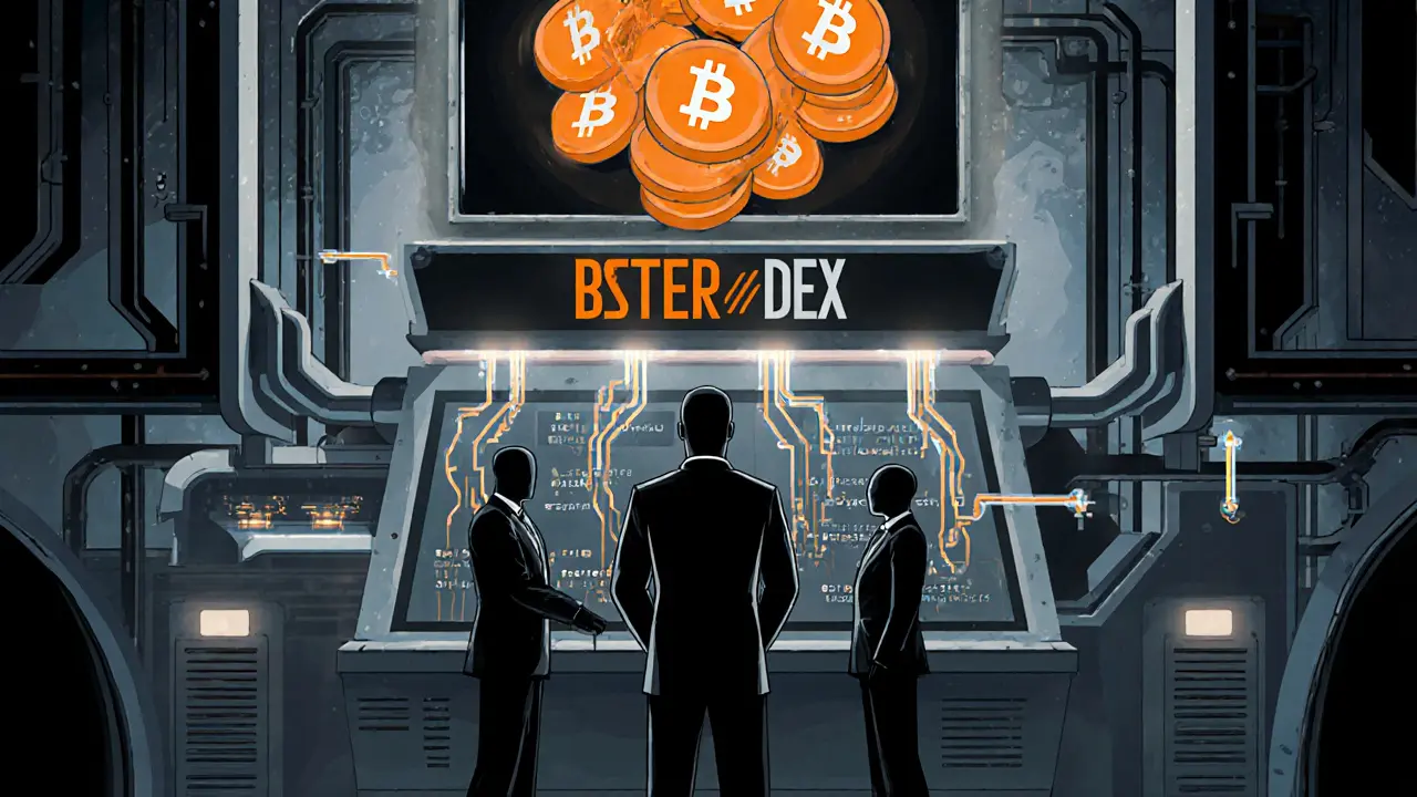 Faceless team controls BSTER network while concentrated tokens hover above a glowing Base Chain interface.