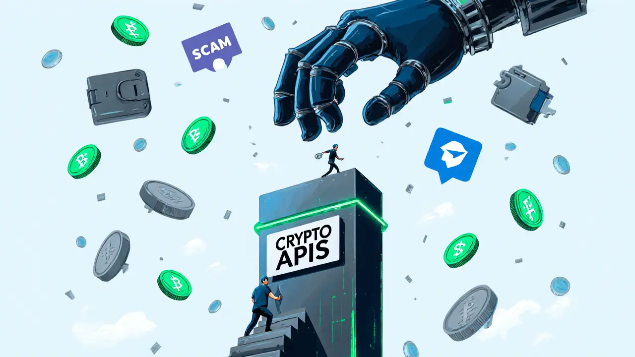 Giant scam hand vs. sturdy Crypto APIs tower with developers and utility tokens