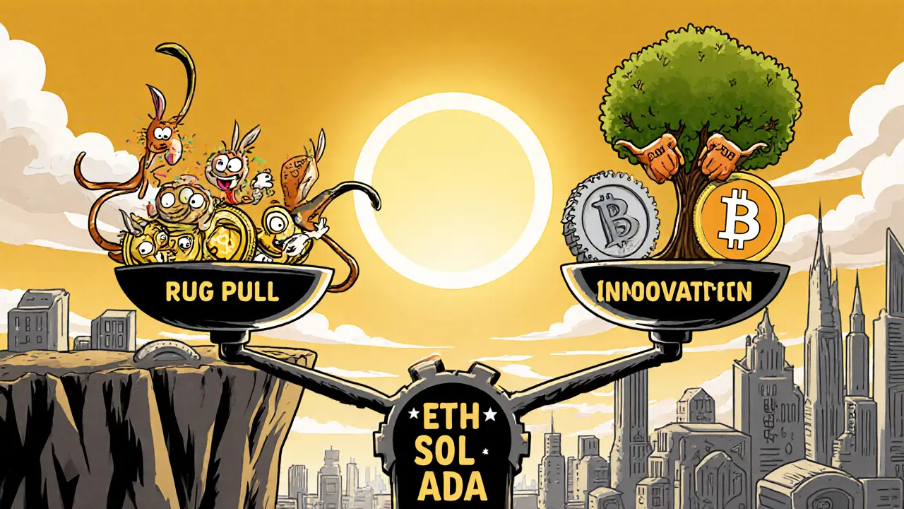 Portfolio scale with tumbling memecoins on one side, sturdy crypto tokens planting innovation trees on the other