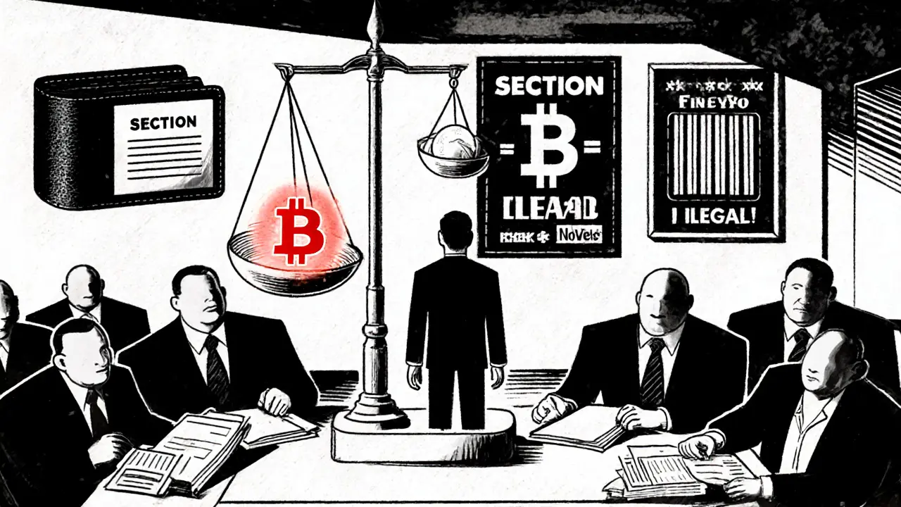 A defendant stands in court before a scale weighing Bitcoin against prison bars, in stark Constructivist style.