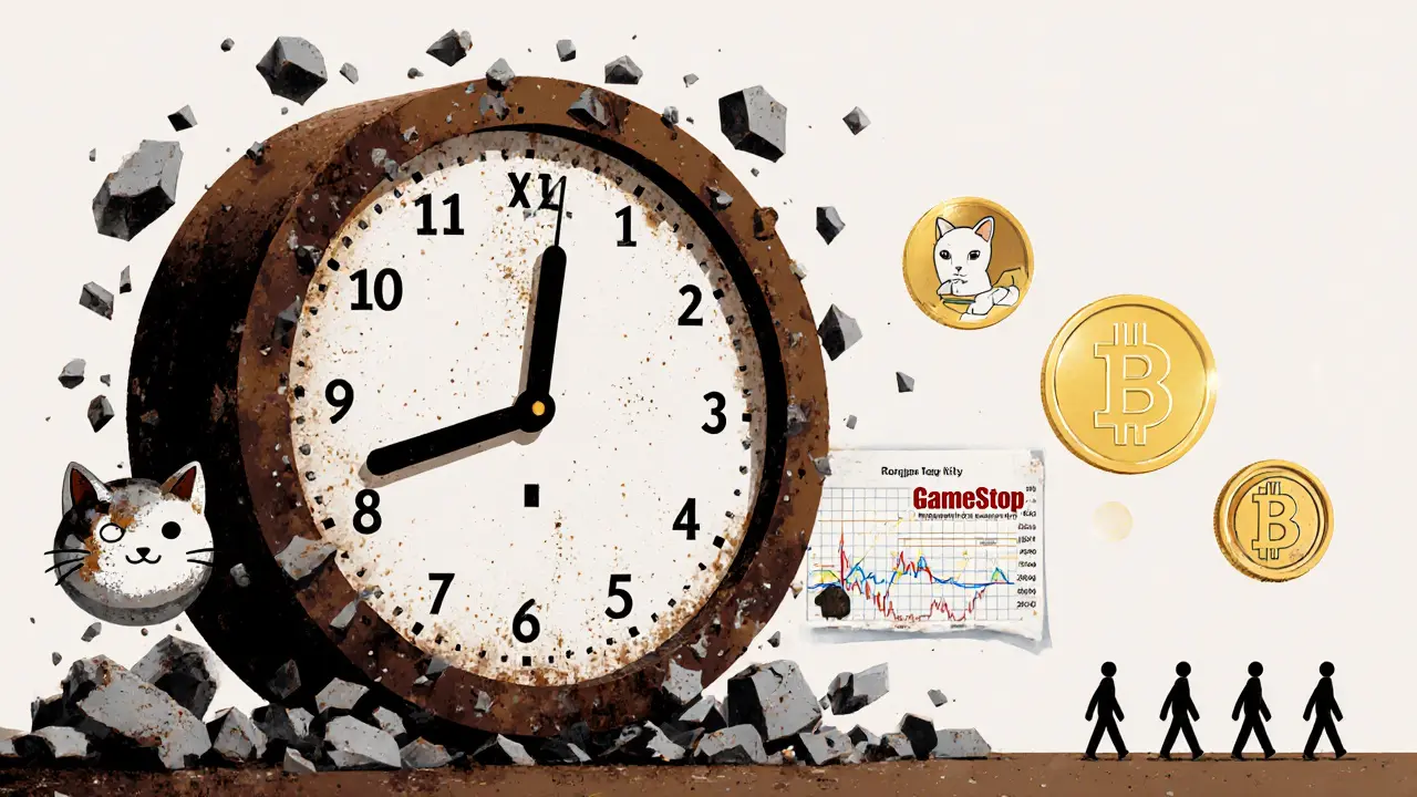 A frozen clock at 2024 surrounded by crumbling memes as figures walk away toward active crypto coins.