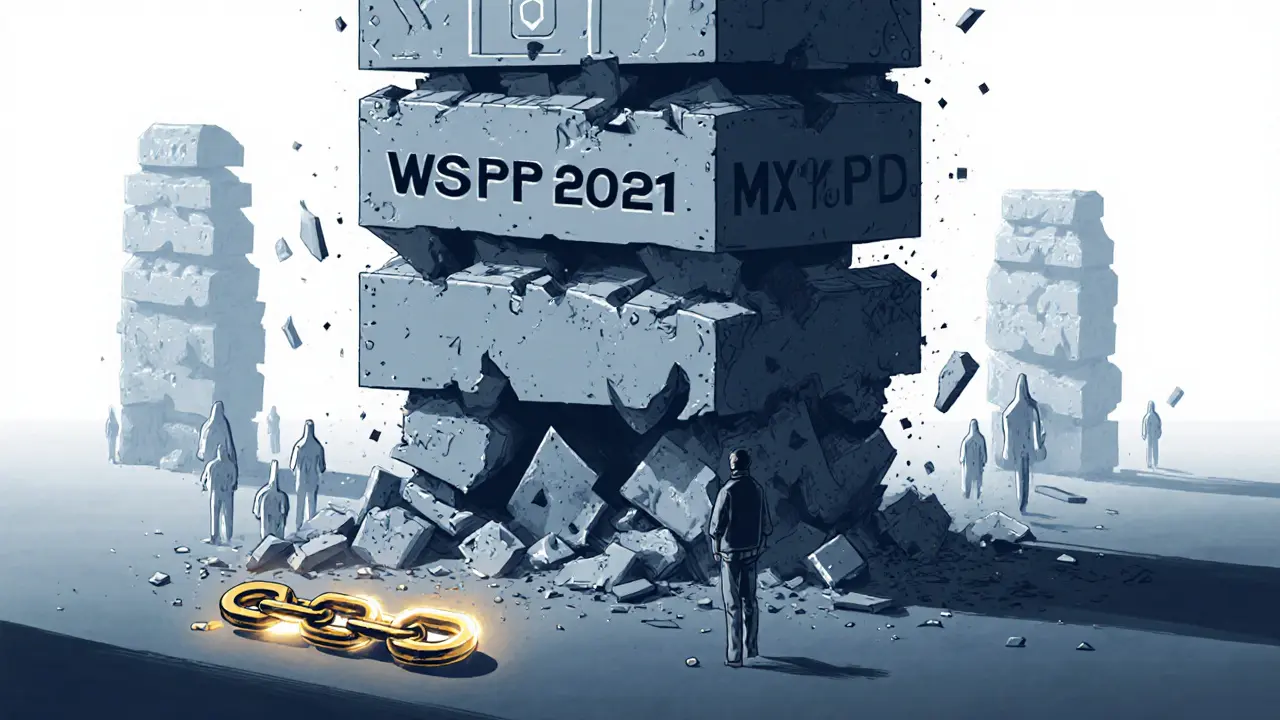 A lone figure before a crumbling blockchain tower labeled WSPP, with fading recipients in the background.