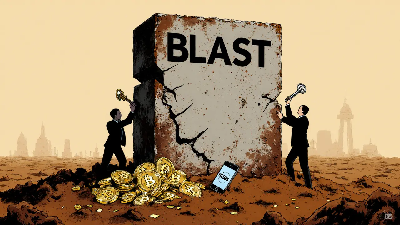 A massive crumbling BLAST token monolith with only half visible, shadowy figures holding unlock keys nearby.