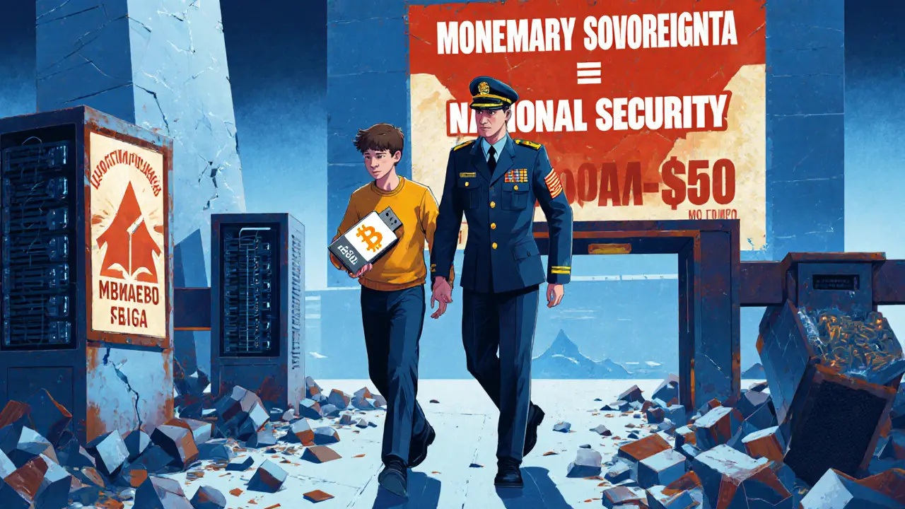 A teenager is arrested at the border with a USB drive labeled &#039;BTC &#039;, as a propaganda poster looms behind them.