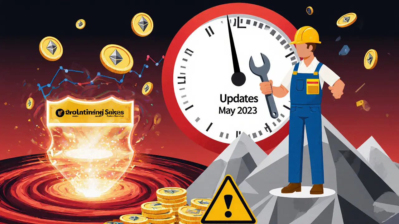 A worker holding an update wrench atop ETH tokens, blocking a slashing vortex with monitoring tools and a clock.