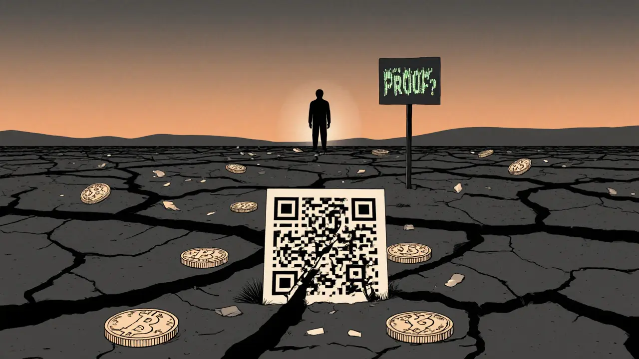 Abandoned WSPP tokens in a barren digital landscape, with a broken QR code and ghostly charity sign.