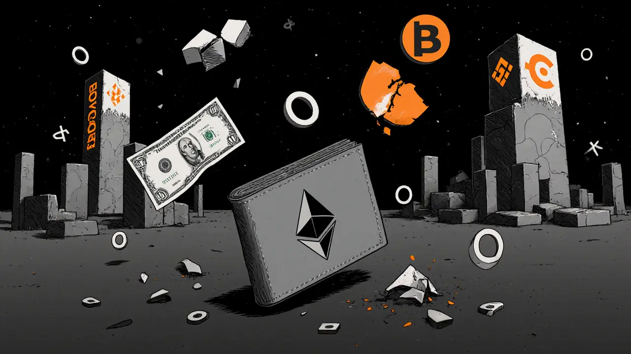 An empty Ethereum wallet floating in a digital void with zero symbols and a crumbling .02 bill.