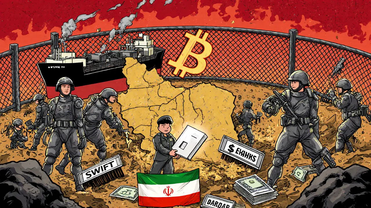 Bitcoin blockchain fence breaking Western sanctions barriers, with Iranian miners and tankers as soldiers advancing against collapsing financial systems.