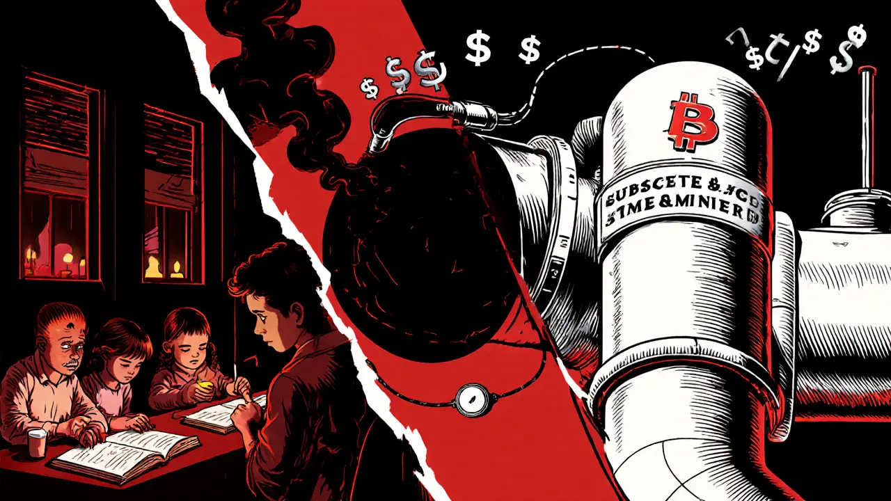 Split scene: dark Iranian home with candlelight vs. massive miner consuming subsidized electricity, symbolizing energy inequality.