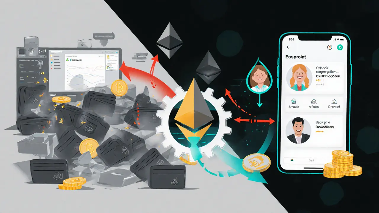 Split scene: slow Ethereum desktop transactions vs. fast mobile BLAST app transactions connected by a glowing bridge.
