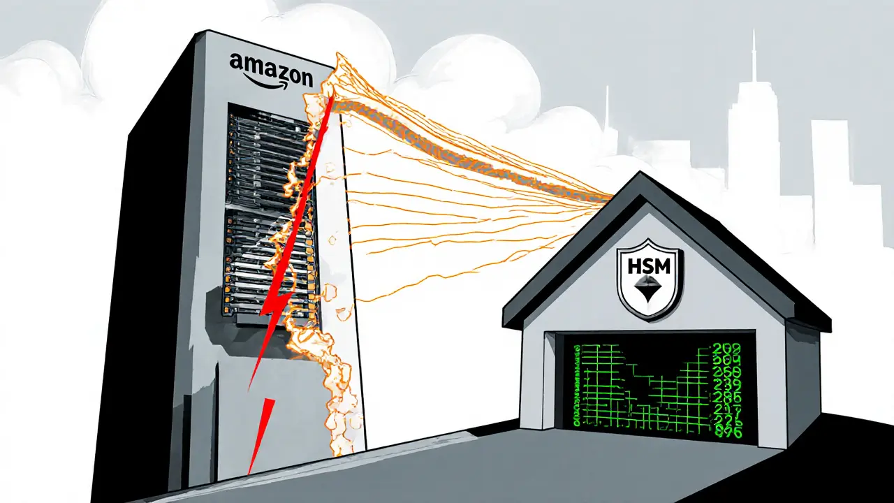 Two validator servers—one in a cloud tower, one in a garage—with one crumbling and the other protected by a shield.