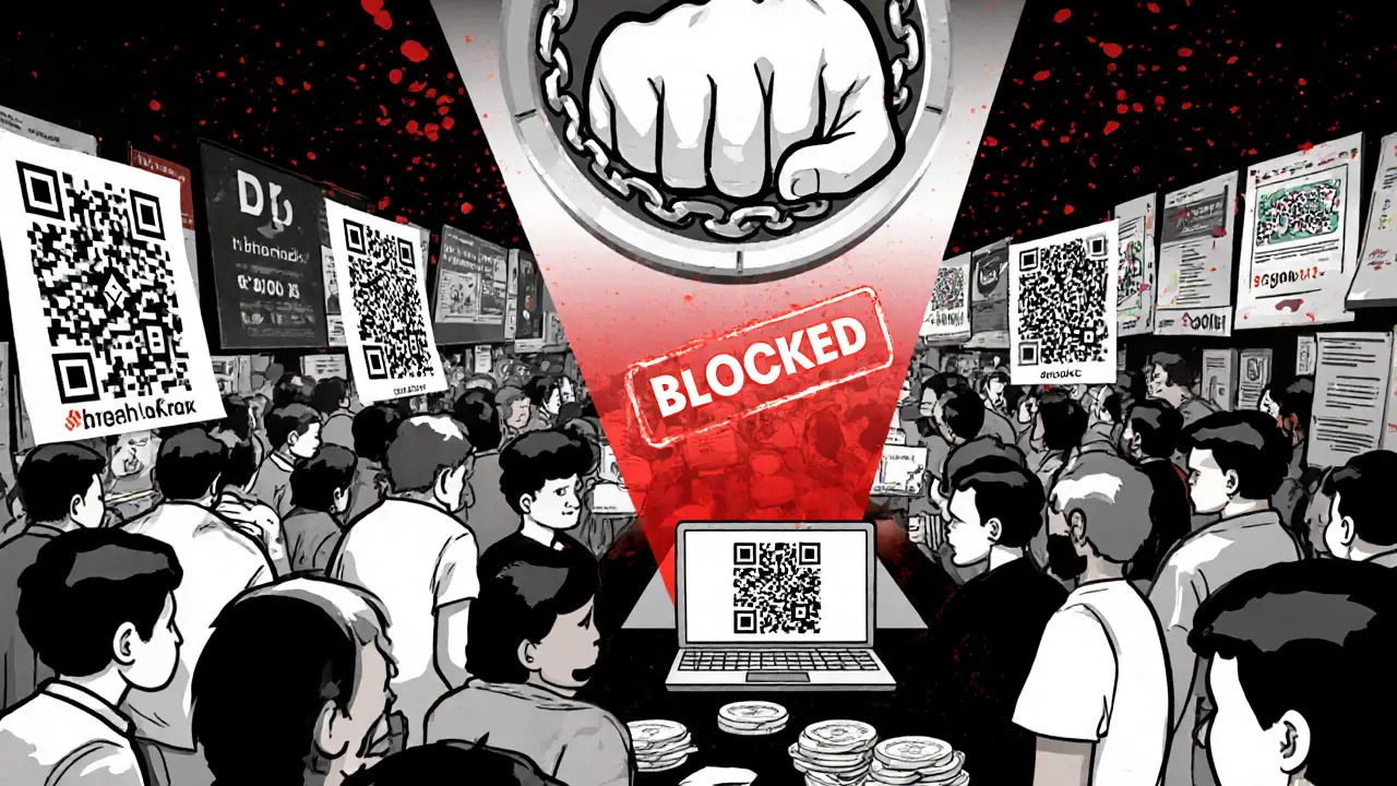 Underground traders exchange cash for digital codes under bank app projections, in bold Constructivist illustration.