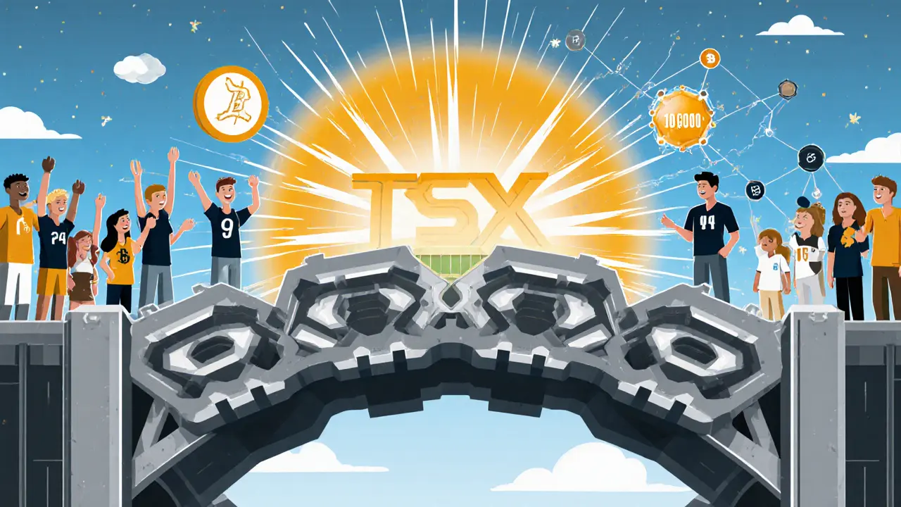 A bridge of TSX tokens connecting traditional sports to blockchain, symbolizing the future of crypto gaming.