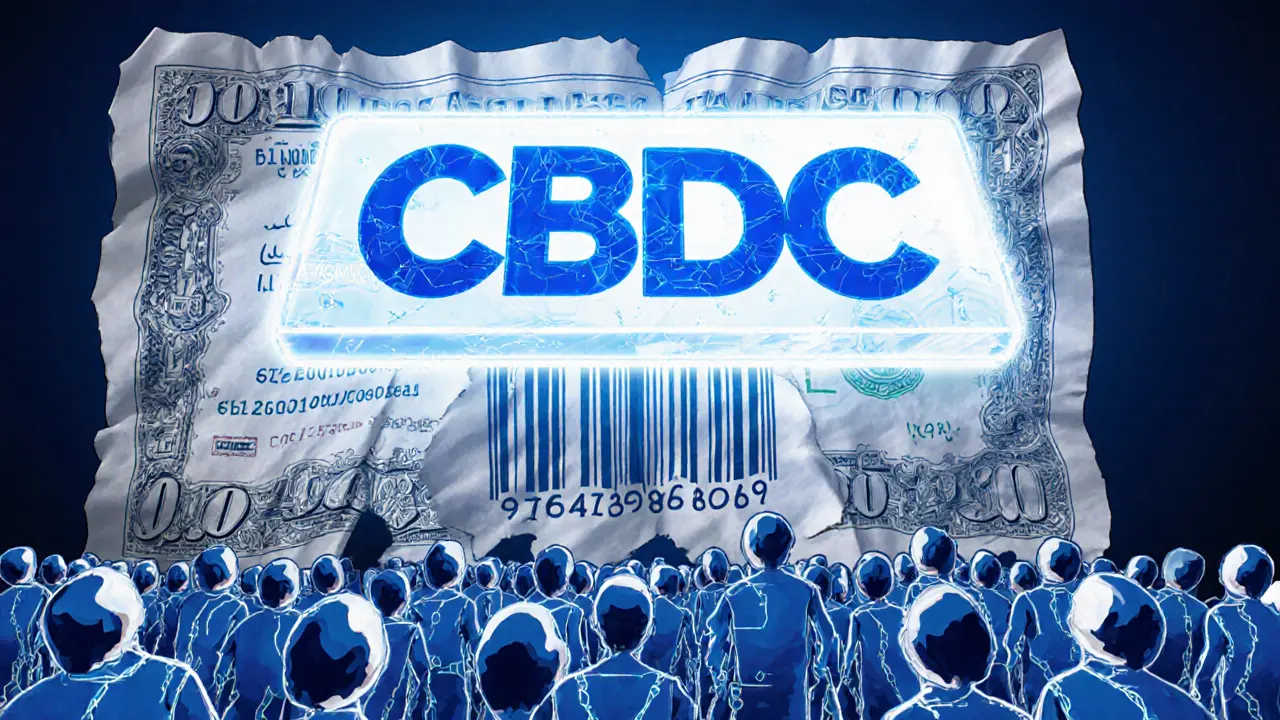 A digital currency interface binds citizens with transaction chains, over a crumbling dinar bill.