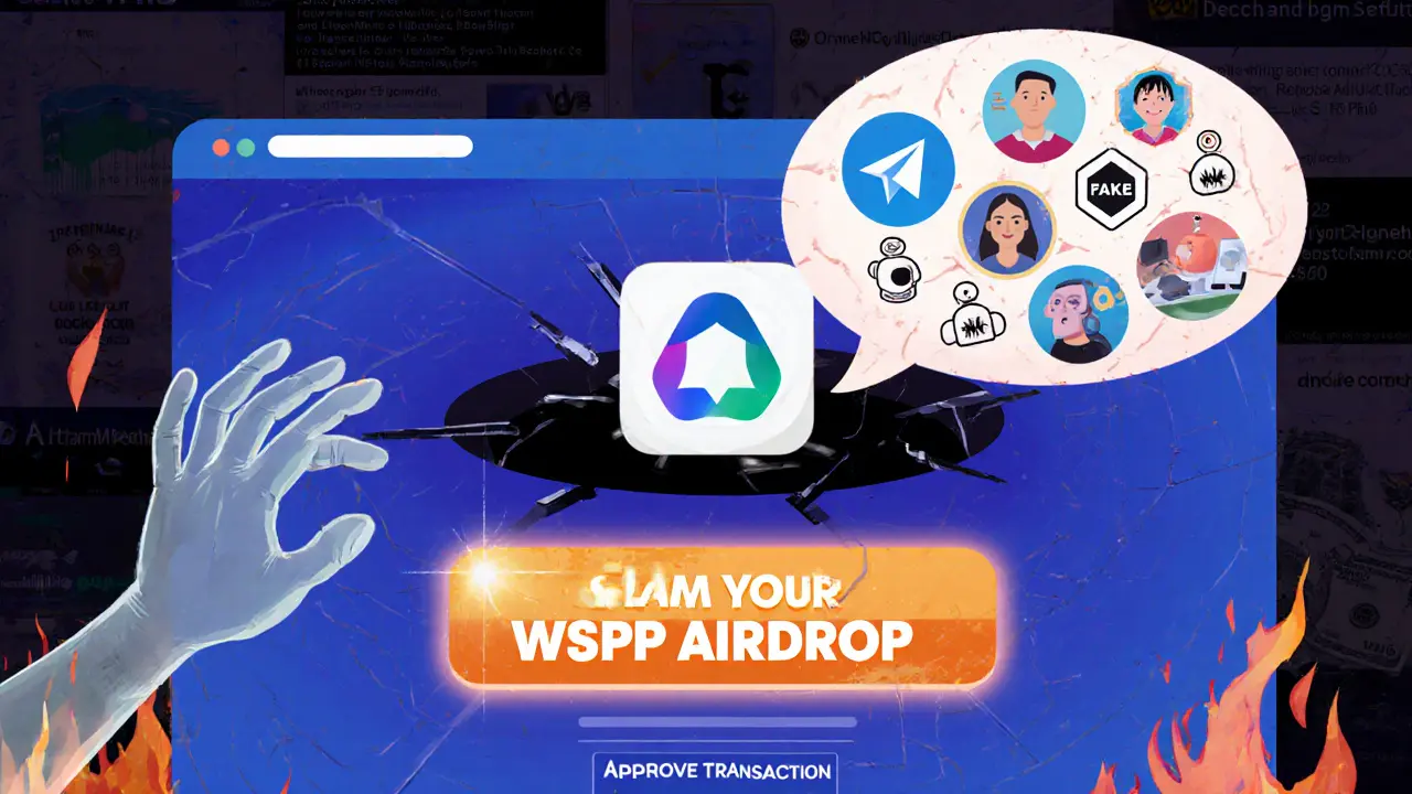 A fake crypto airdrop website drains a wallet into a black hole, surrounded by scam Telegram bots and fake verification badges.