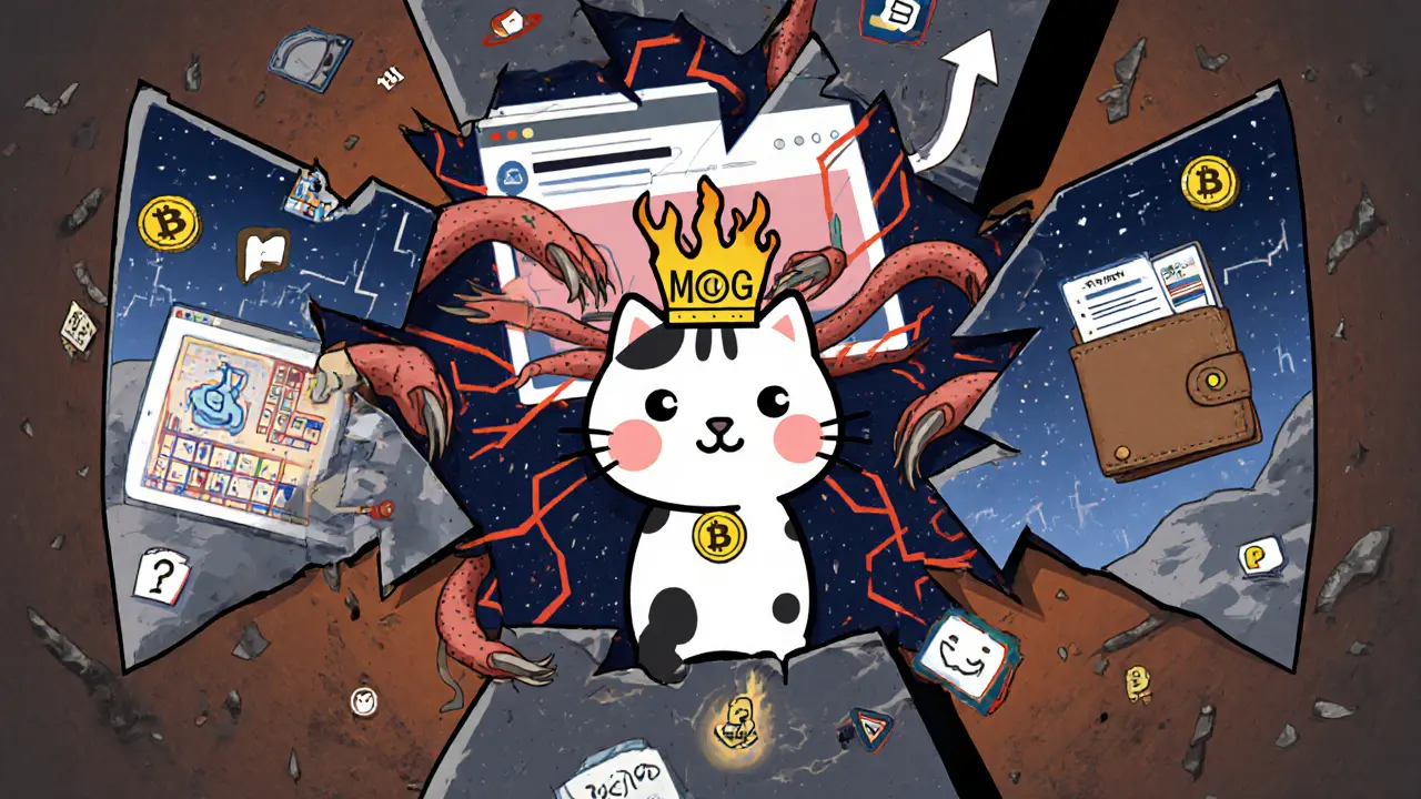 A fractured mirror showing MOG gameplay, a phishing scam, and gas fees, with Spotty the cat wearing a token crown.