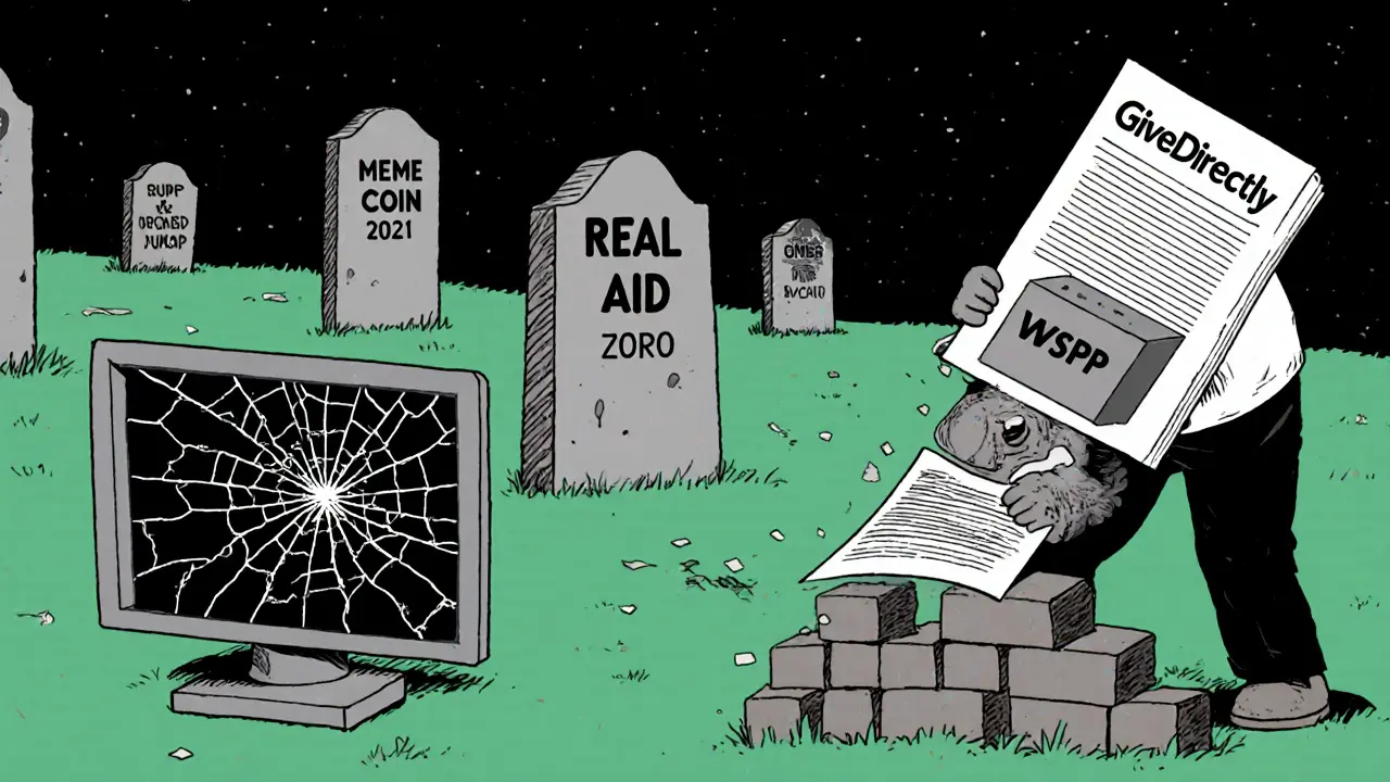 A graveyard of failed crypto projects includes a crumbling WSPP tombstone, while a real charity foundation grows nearby.