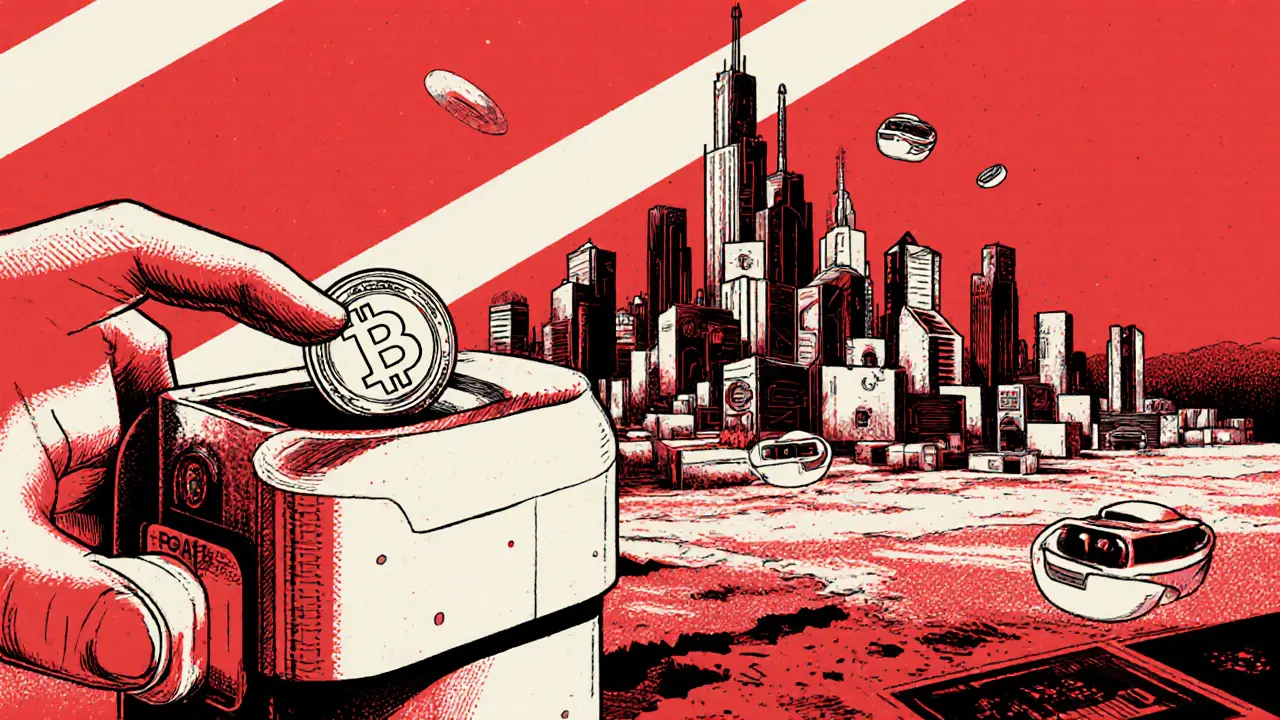 A hand inserting BNB into a robot-shaped slot as a digital city rises behind it.