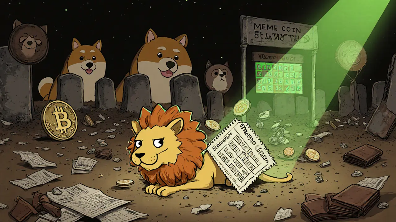 A lion-cat lottery ticket falling into a meme coin graveyard as larger coins glow in the distance.