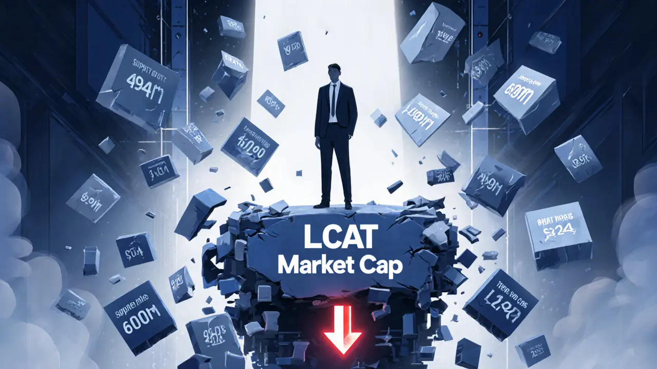 A trader on a crumbling platform surrounded by conflicting LCAT supply and price numbers.