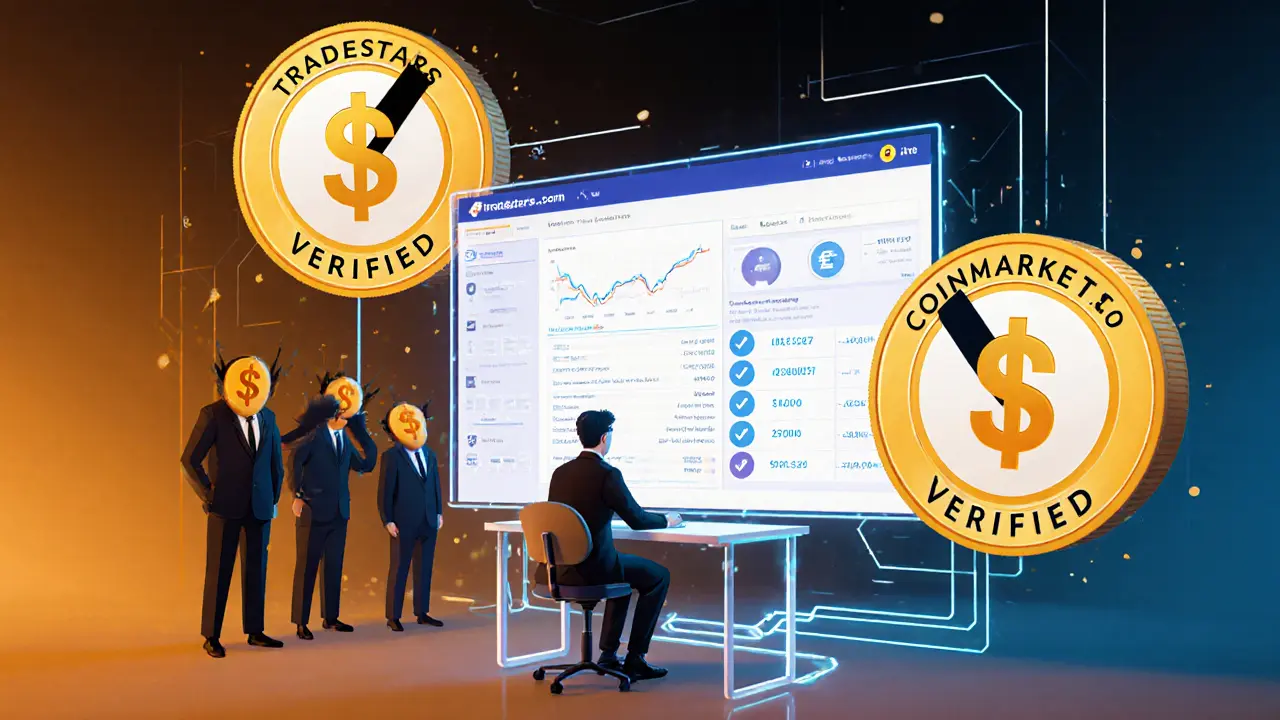 A user staking TSX tokens while scammer figures are crushed by verified checkmarks in a neon-lit room.