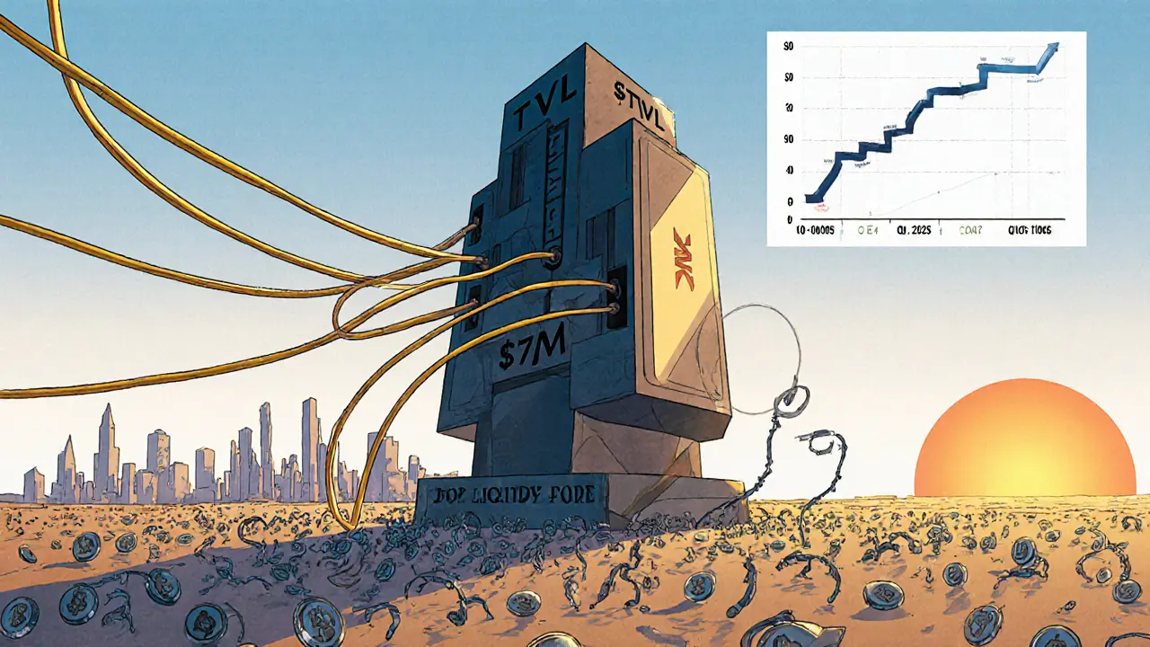 Blockchain monument with five strong liquidity cables, other tokens vanishing into emptiness.