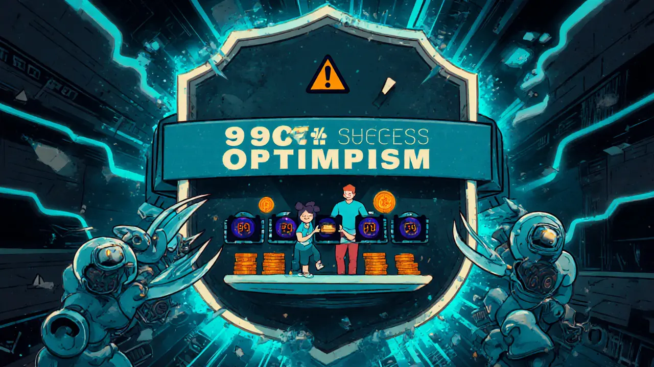 Bots blocked by a gear-shaped anti-sniping shield while traders swap tokens on a floating Optimism platform