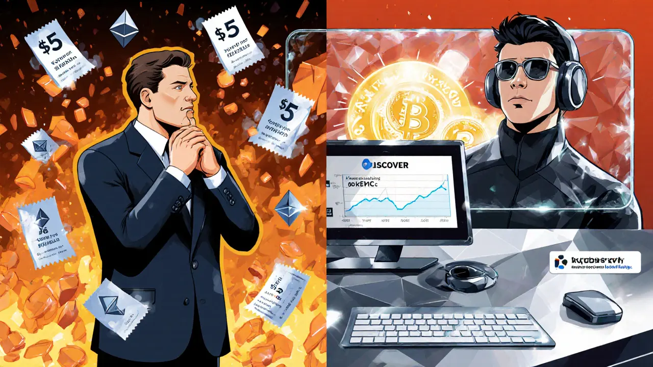 Frustrated trader with high gas fees vs. calm provider with auto-compounding tokens and AI prediction chart