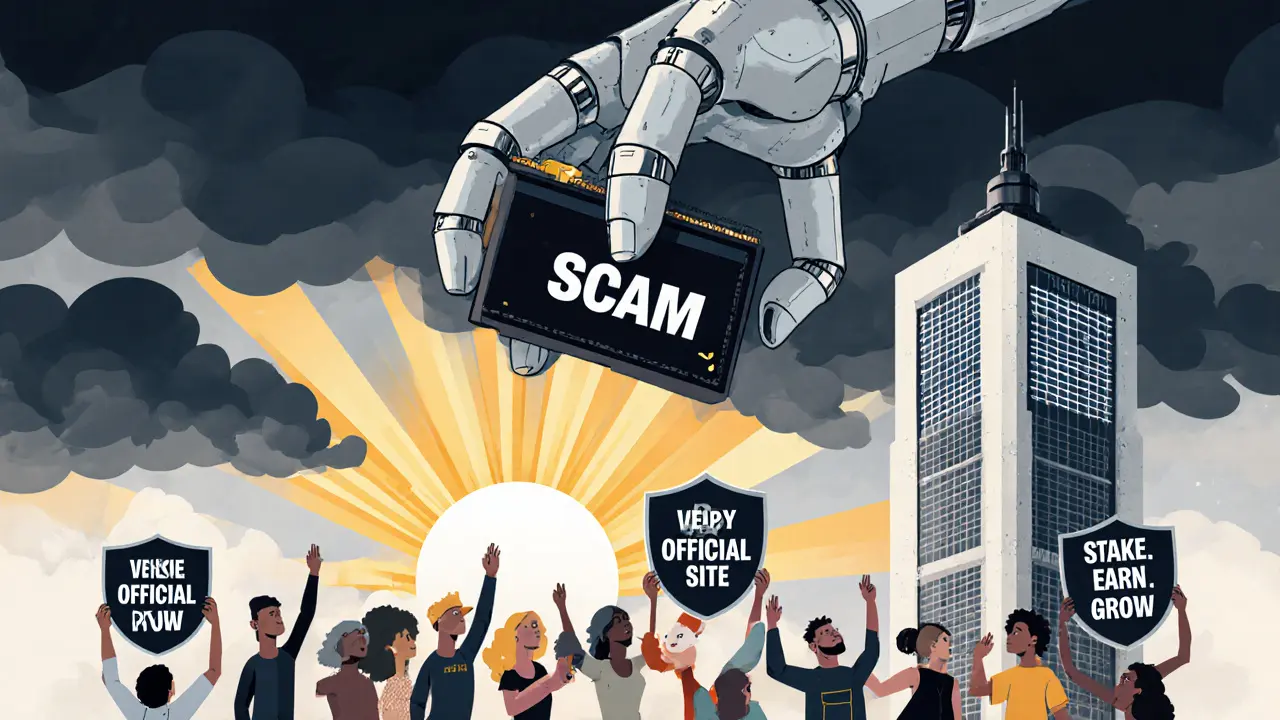 Giant scam hand grabbing wallet as community defends with truth shields under official AST tower