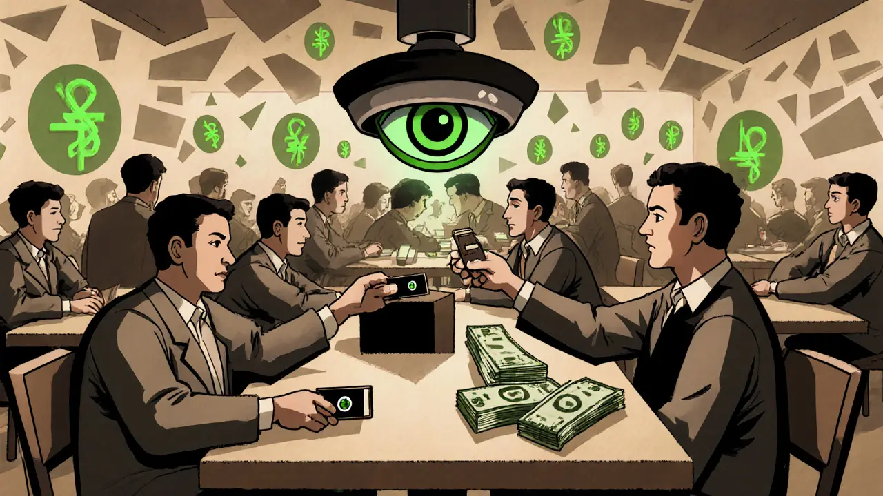 People in a Baghdad cafe exchange USB drives for cash, under a hidden surveillance camera.