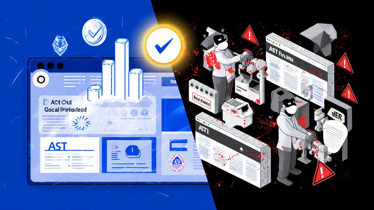 Split scene: orderly real DeFi dashboard vs chaotic fake websites with warning signs