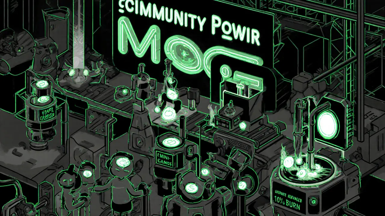 Users in a mechanical Telegram factory producing MOG tokens, with a burning furnace labeled &#039;1% Burn&#039;.