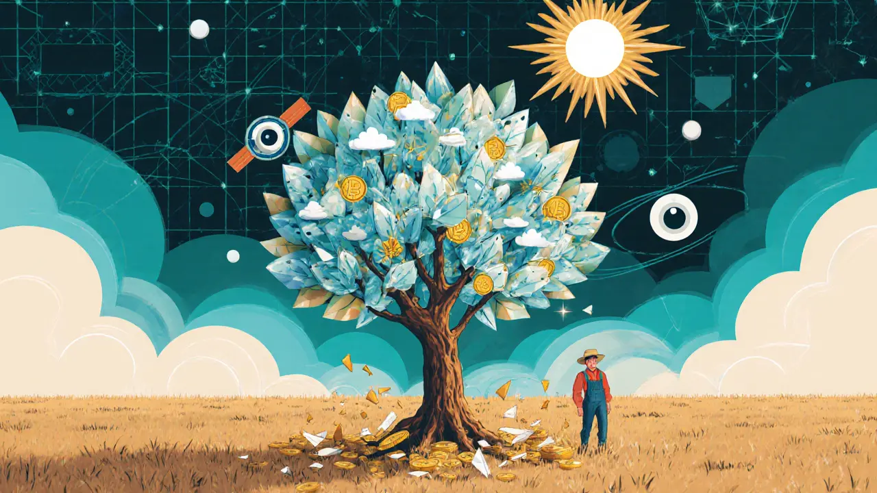 A farmer in a dry field with a data-powered smart contract tree dropping golden coins.