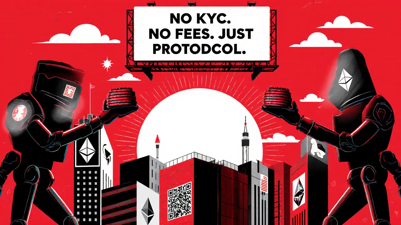 A futuristic city where citizens distribute CONV tokens, with blockchain towers and a &#039;No KYC&#039; billboard under a QR-code sun, rendered in Constructivist style.