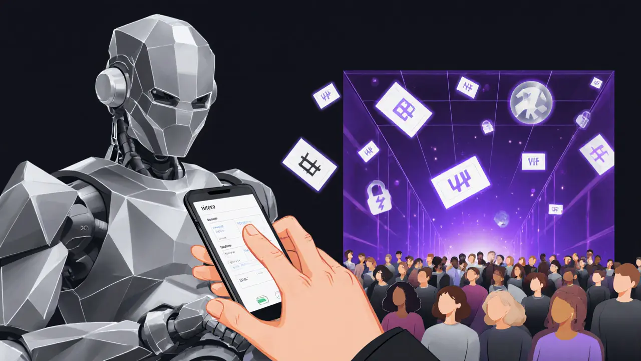 A hand passes a phone to a geometric security bot as NFT symbols unlock exclusive experiences for an entering crowd.