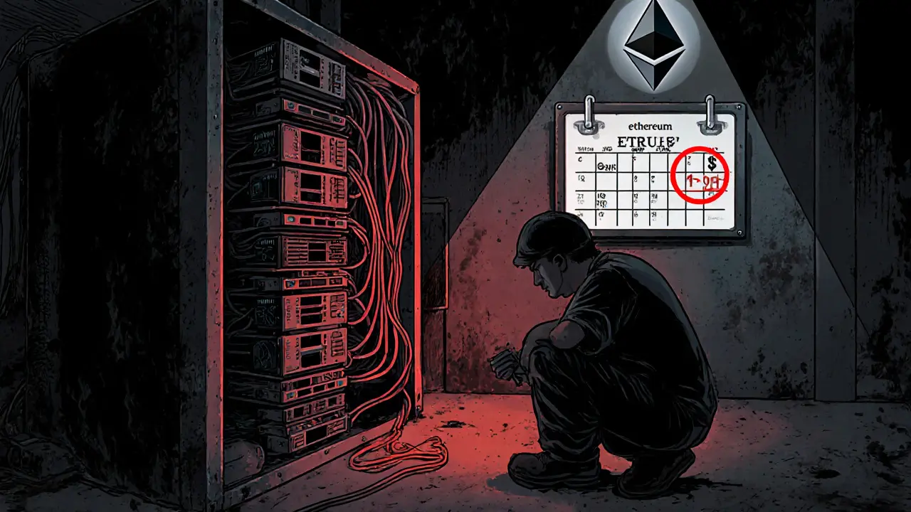 A miner in a garage watching ETHW price crash on a screen amid overheating GPUs.