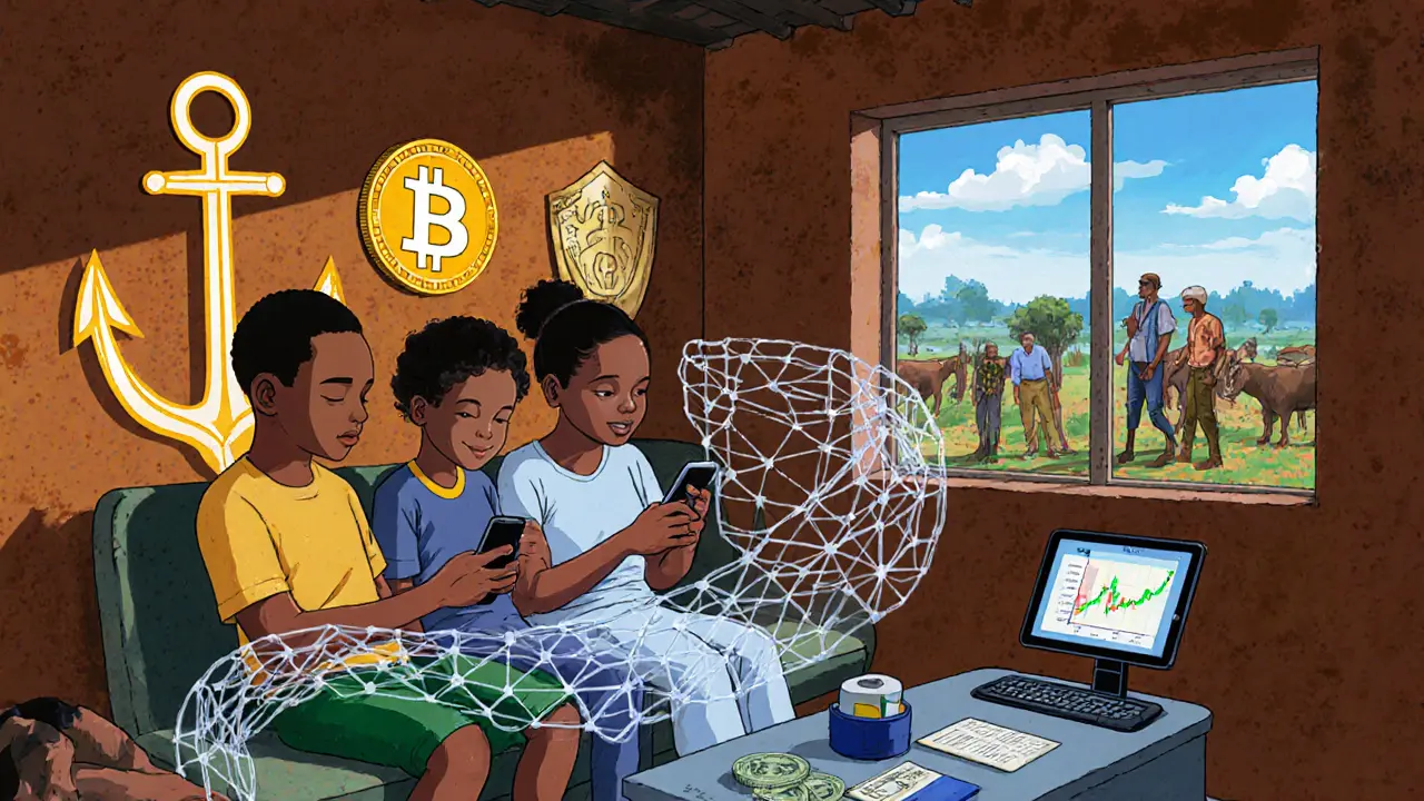 A Nigerian family sending USDT abroad via smartphone, surrounded by a protective blockchain net and mural of crypto symbols.