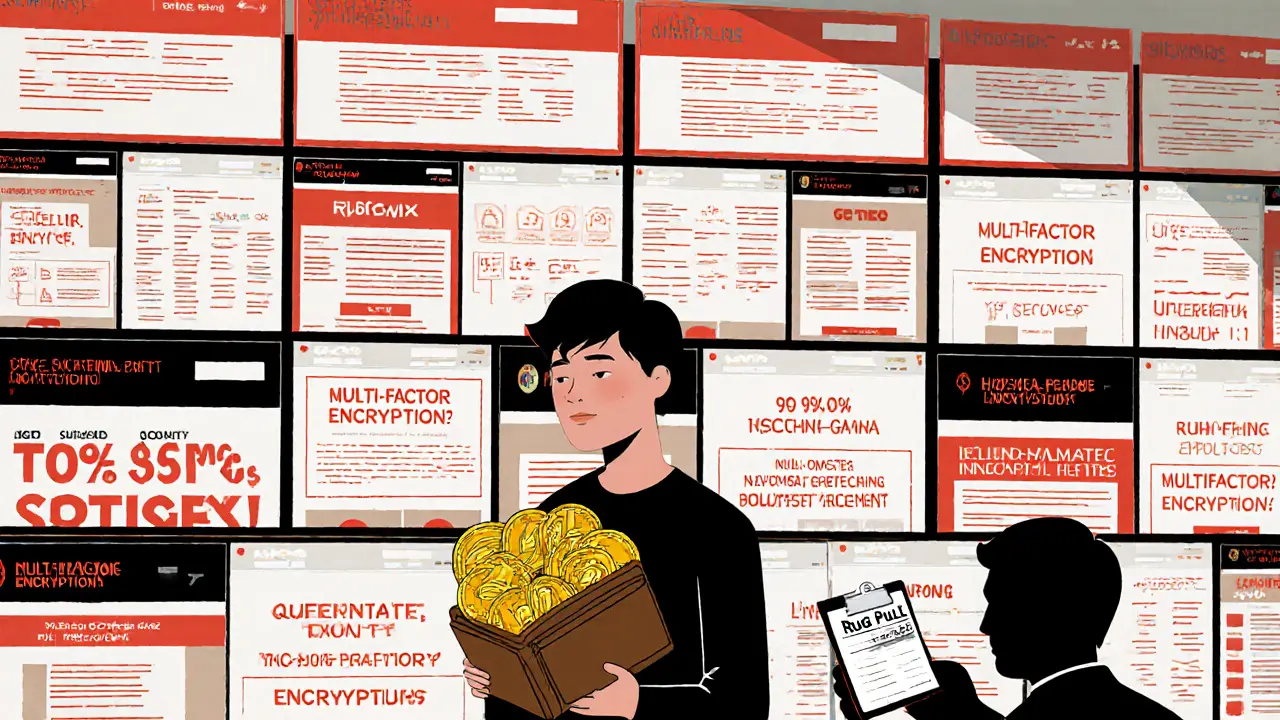 A person facing identical fake crypto websites with templated lies, shadowed by a &#039;Rug Pull&#039; figure.