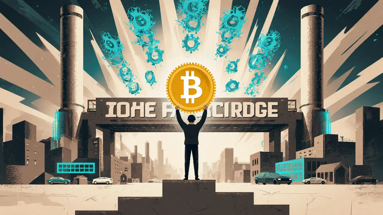 A person holding a golden CONV token on a platform of five completed steps, with a DeFi Bridge factory transforming real-world assets into digital tokens behind them.