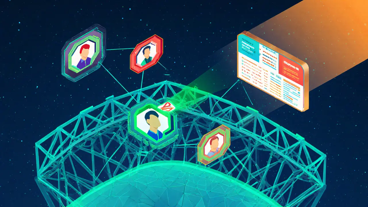 A scanner beams verification lines to a floating blockchain ledger, with NFT tickets being accepted or flagged in real time.