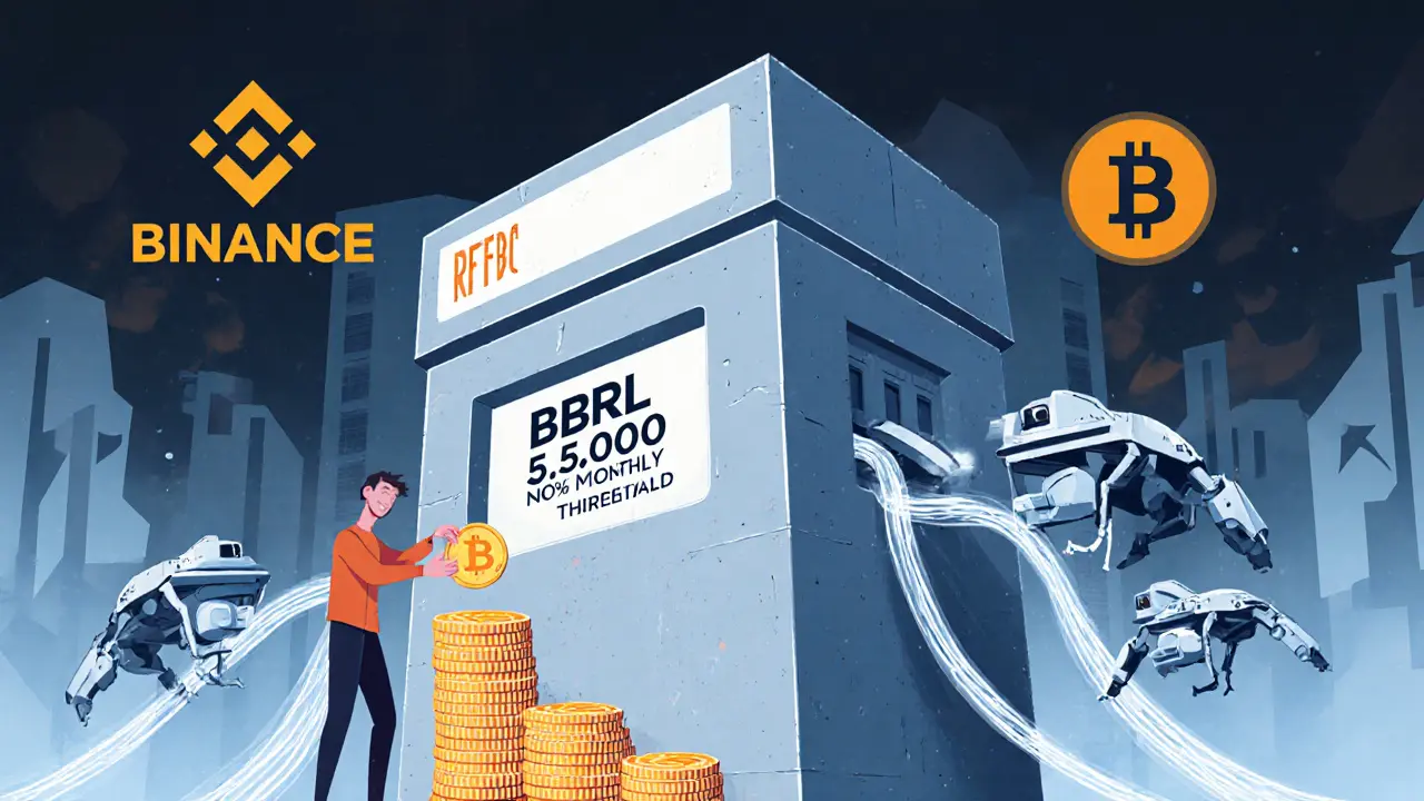 A towering eCac portal monolith receiving crypto transactions, with RFB drones scanning digital wallets.