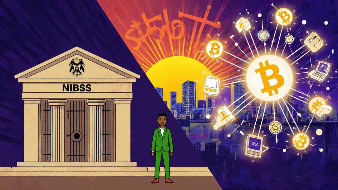 A young Nigerian between a closed bank and a glowing P2P crypto network, symbolizing a hybrid financial future.