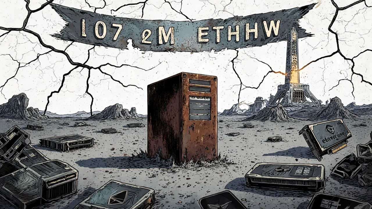 An abandoned mining rig in a desolate digital wasteland beside a fading Ethereum spire.