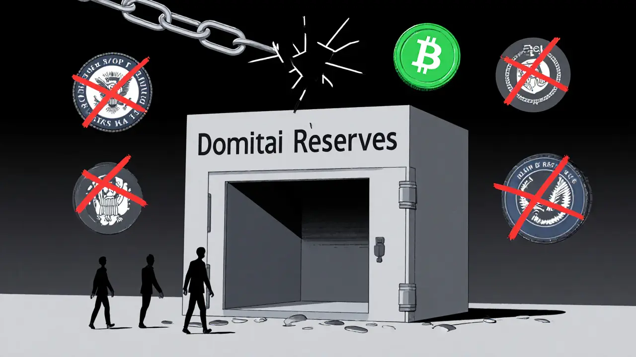 An empty vault labeled Domitai with regulatory bans and a snapped blockchain chain above.