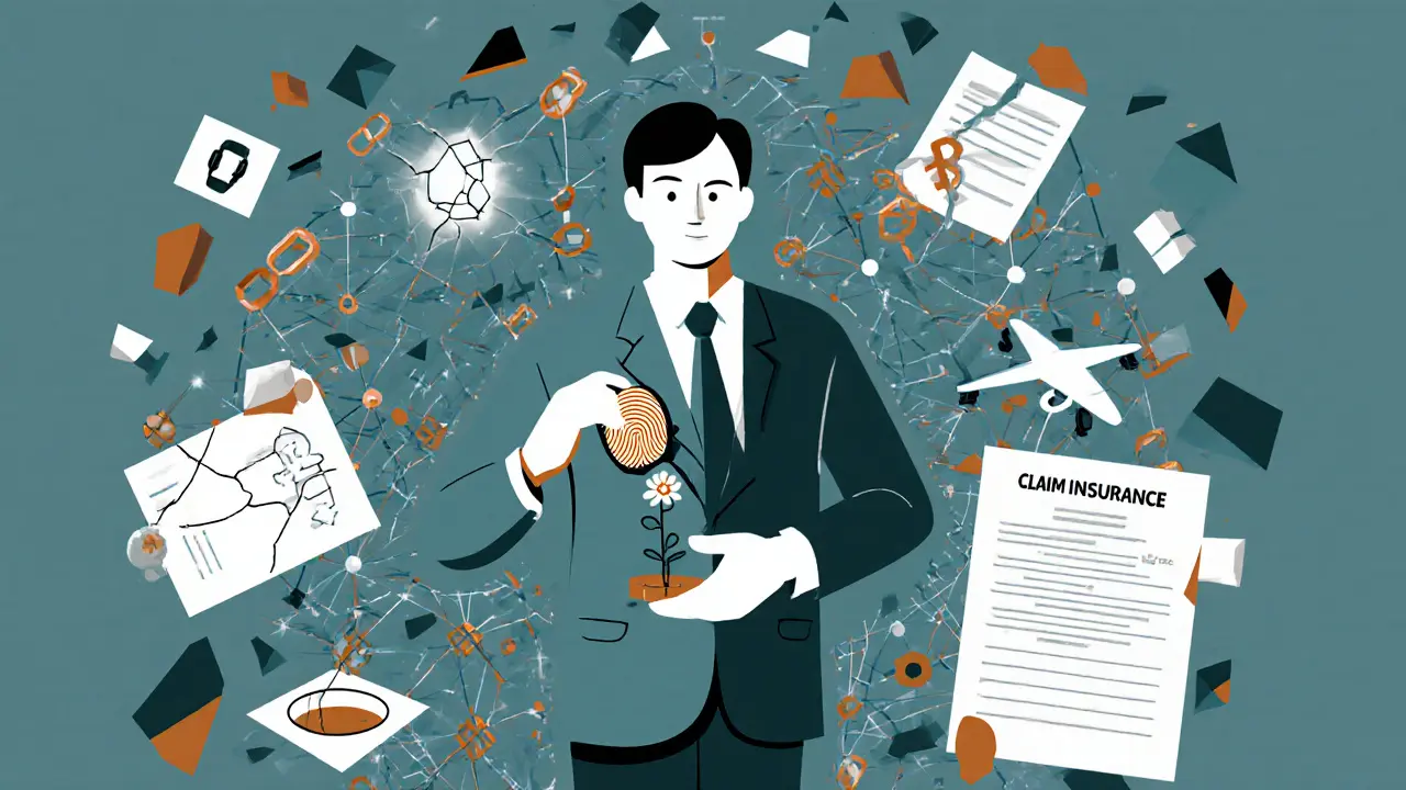 An insurance agent guiding a client through blockchain and AI networks with a flower growing from a broken claim form.