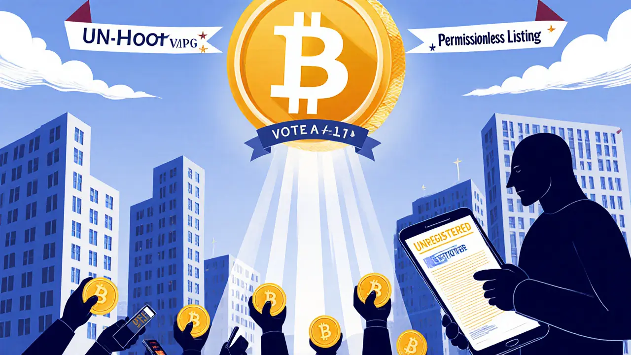 City of smart contract buildings with UNI token as sun, citizens voting, SEC figure in shadow.