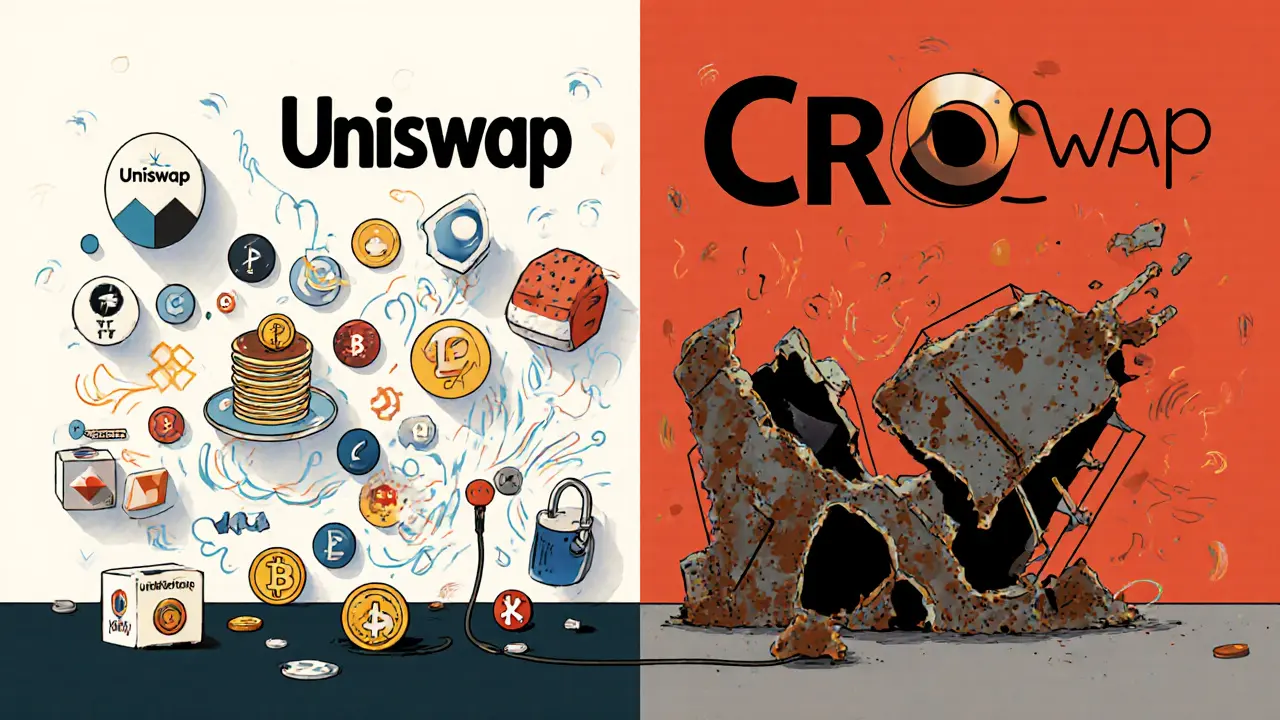 Contrasting vibrant active DEXs against a hollow, collapsed CroSwap structure.