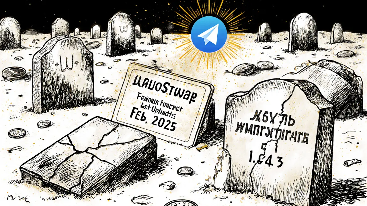 Crypto wallet graveyard with a faded WaultSwap update notice, in Constructivist style.