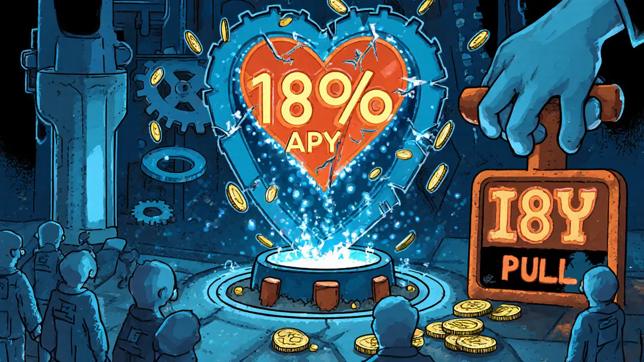 Deceptive staking farm with falling coins and a shadowy rug pull lever, in Constructivist style.